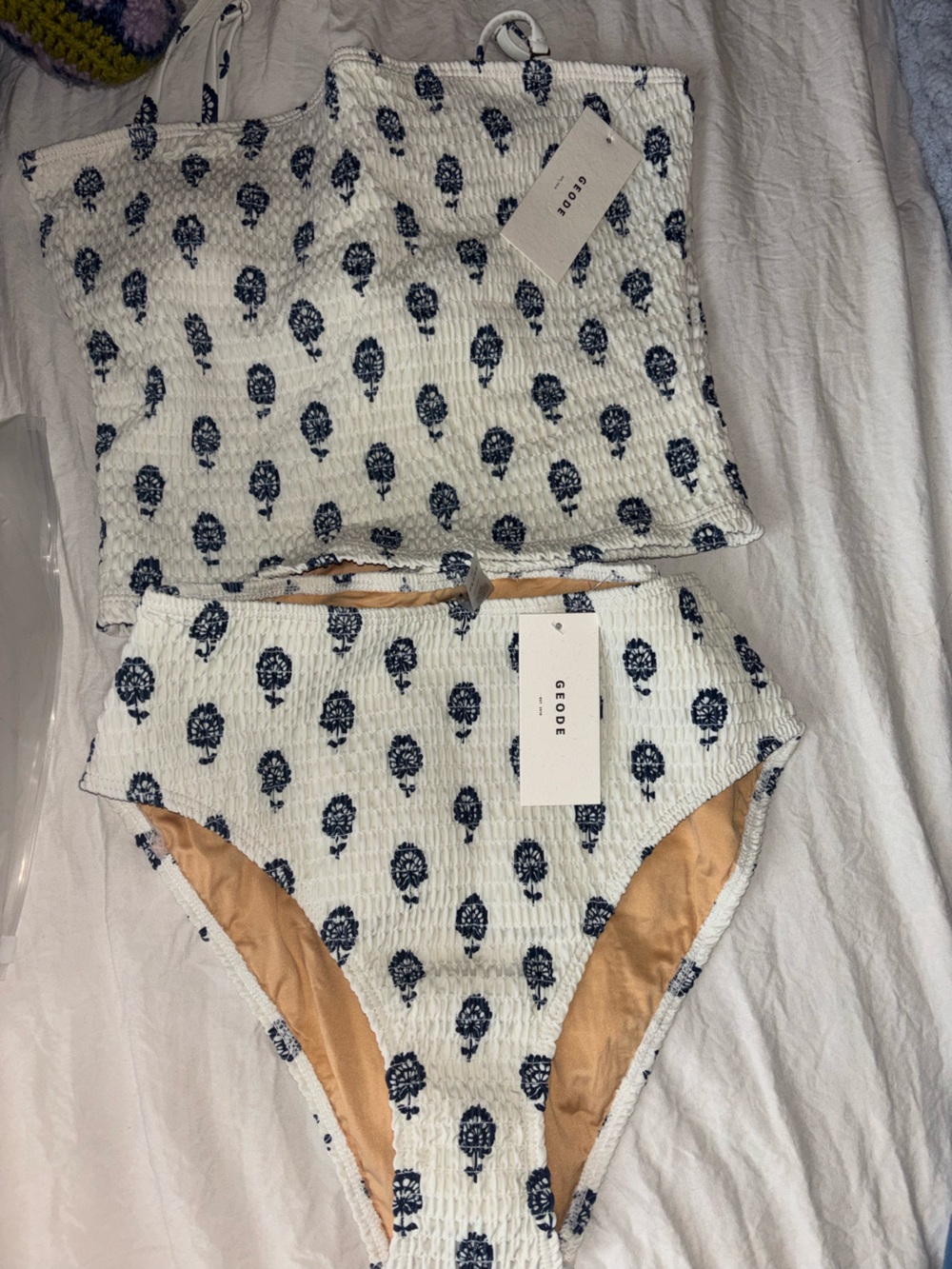 GEODE White Textured High-Waist Bikini with Navy Floral Print